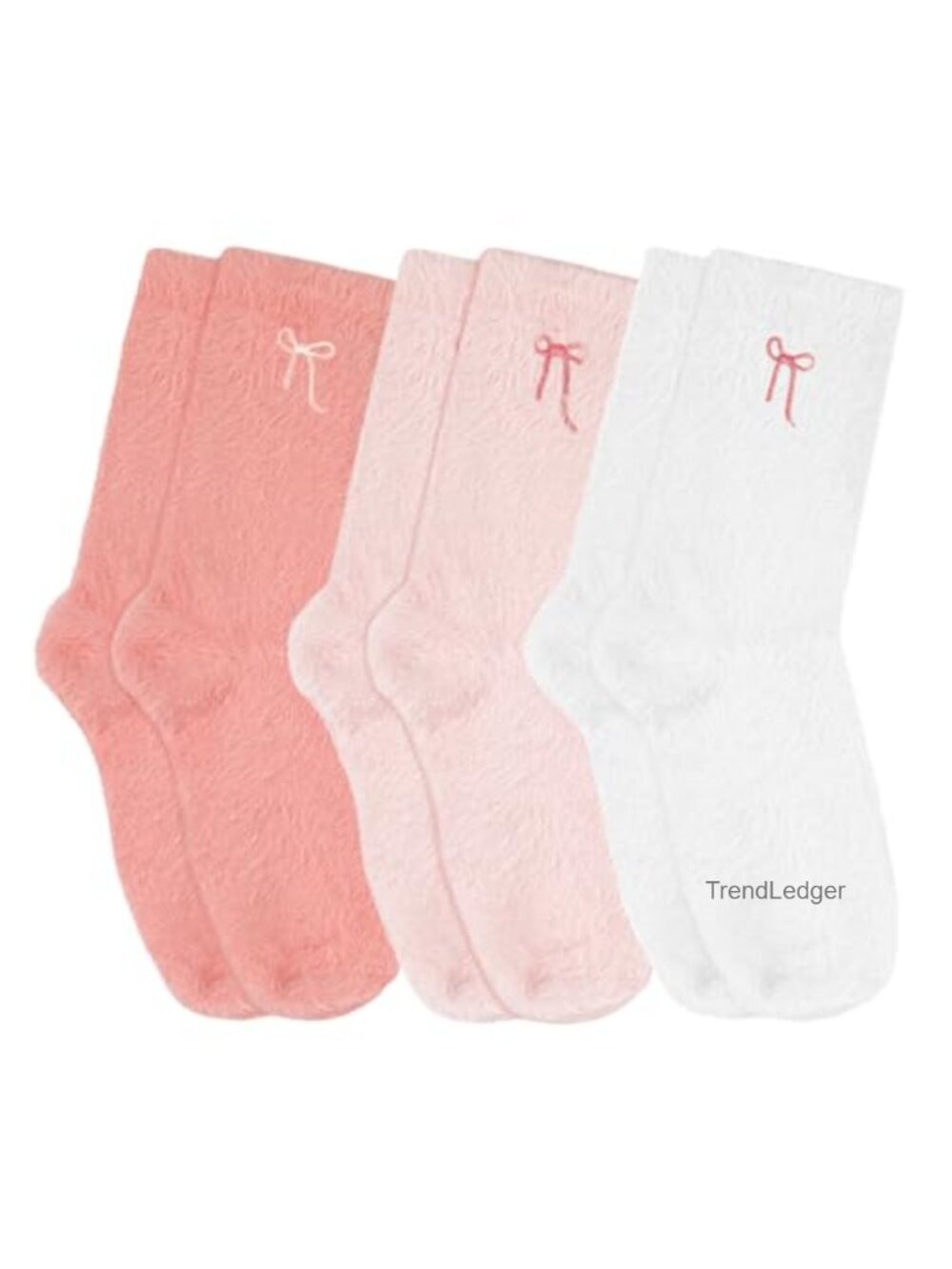 3 Pairs Bow Fuzzy Slipper Socks Cozy Winter Warm Women's Crew Socks